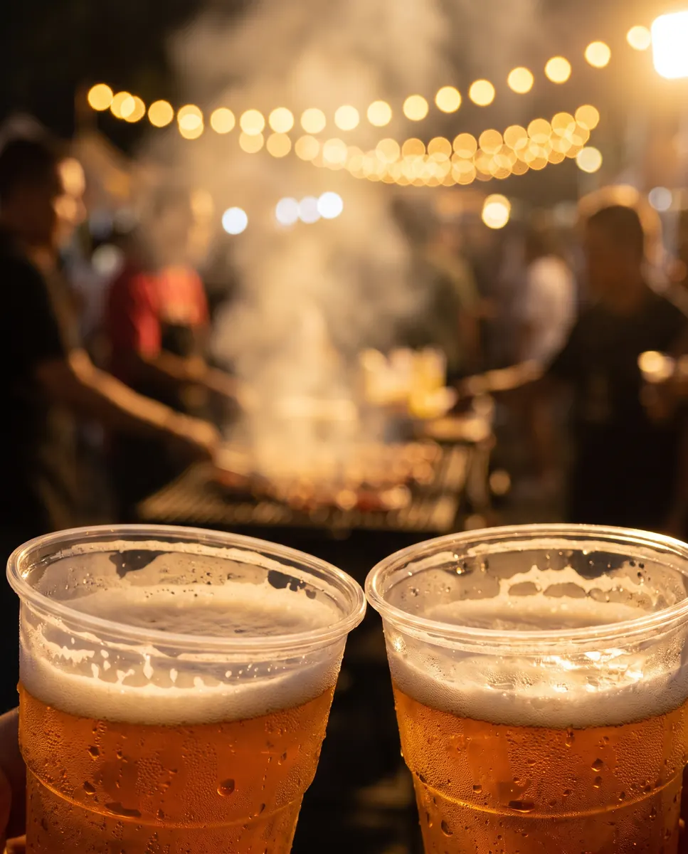Dos vasos de cerveza artesanal brindando frente a la parrilla