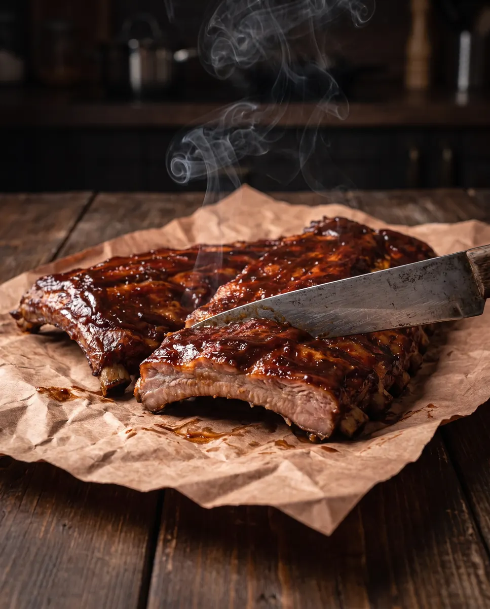 Costillas ahumadas con salsa barbecue sobre papel