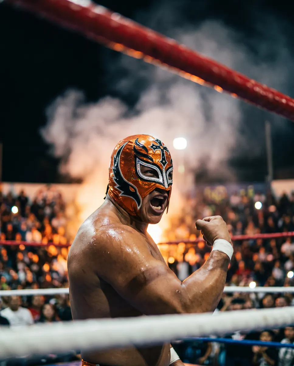 Luchador con máscara naranja y negra en el ring