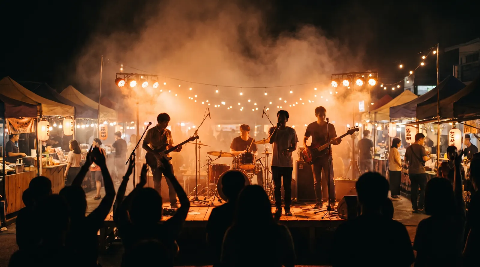 Banda tocando en vivo en un escenario al aire libre de noche