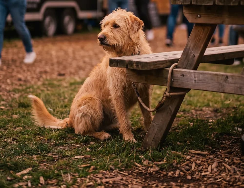 Perro sentado junto a una mesa del festival