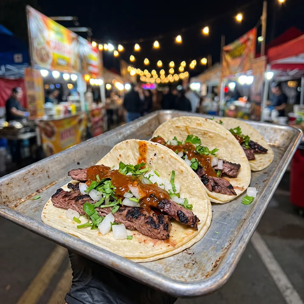 Charola con tres tacos de arrachera con cebolla, cilantro y salsa