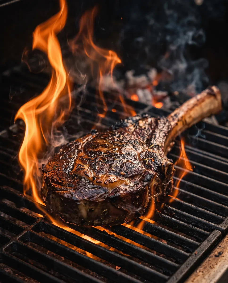 Tomahawk sobre la parrilla entre llamas